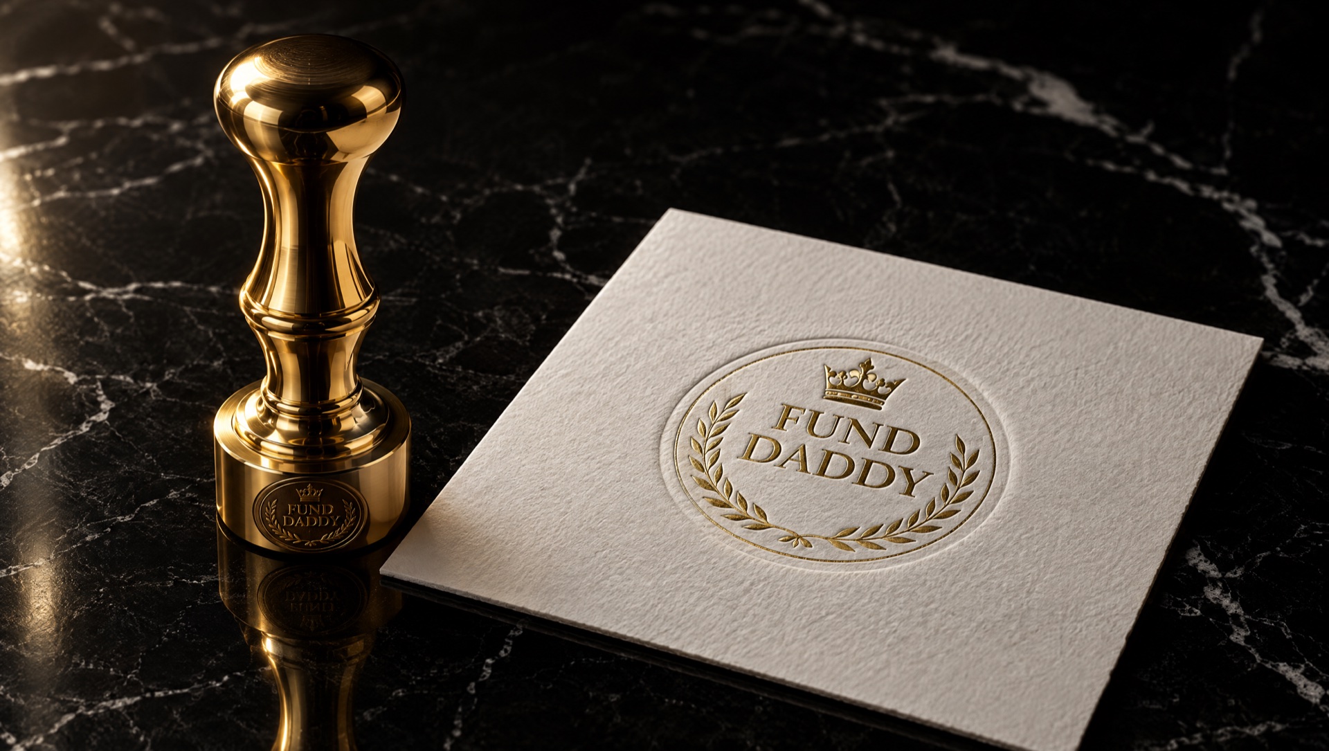 The gold hand seal beside the embossed Fund Daddy crest.