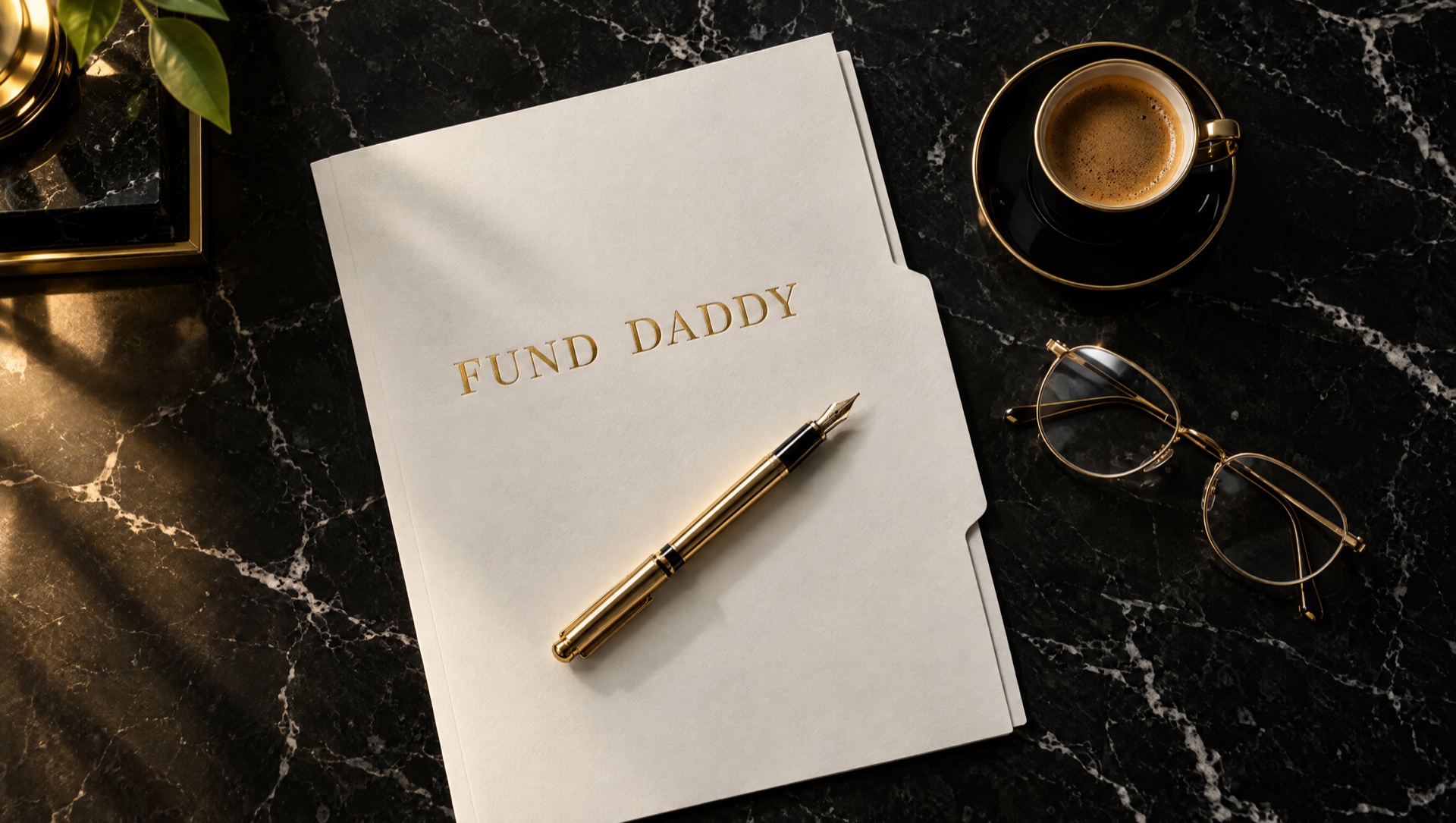 A black marble desk set with a Fund Daddy dossier, gold pen and espresso.