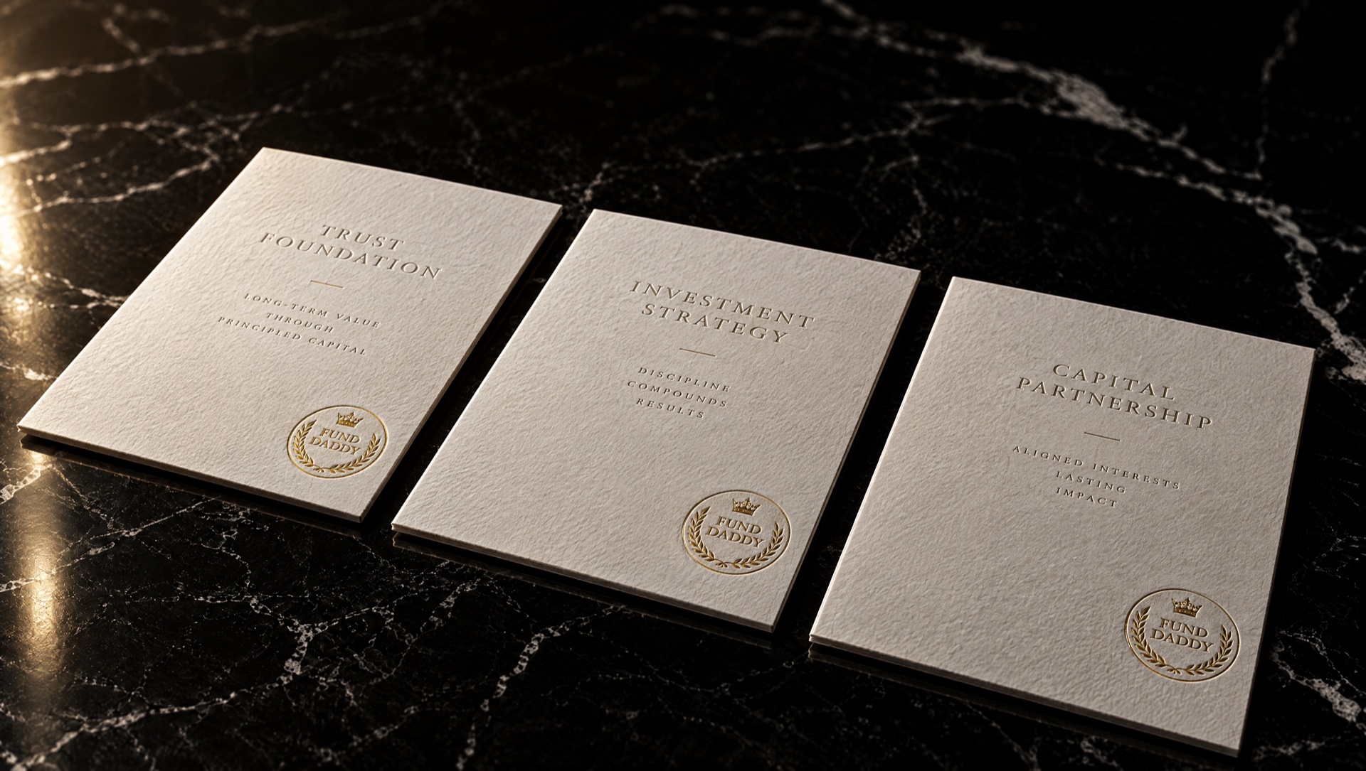 Three sealed letterpress documents on black marble.