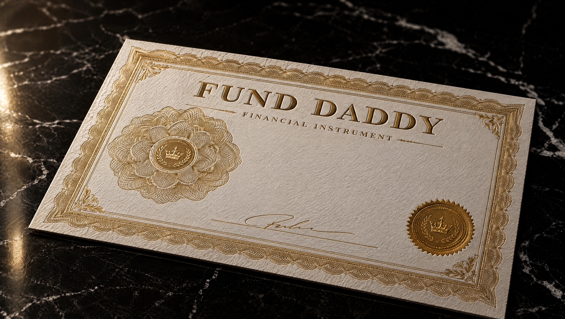 An engraved Fund Daddy financial note in white cotton paper and gold on black marble.