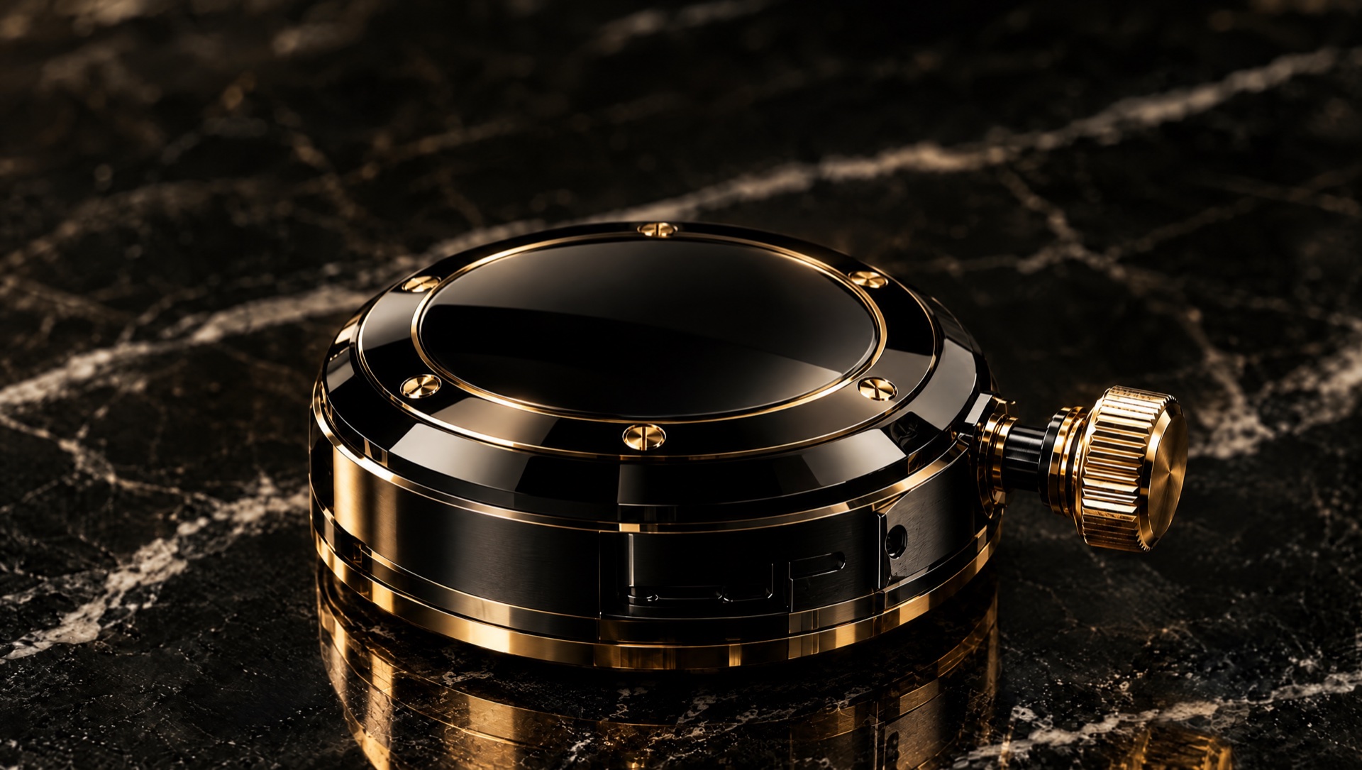 A closed gold and black precision instrument on black marble.